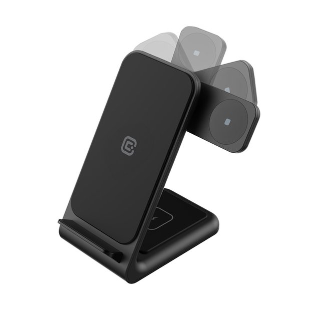 Crong PowerSpot Pivot Stand – belaidis įkroviklis trys viename, skirtas Samsung ir Android, Galaxy Watch ir TWS ausinėms (juodos)