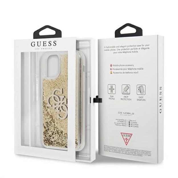 Guess Liquid Glitter 4G didelis logotipas – iPhone 11 dėklas (auksinis)