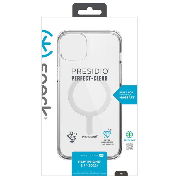 Speck Presidio Perfect-Clear + MagSafe – iPhone 15 Plus / 14 Plus dėklas su MICROBAN danga (skaidri)