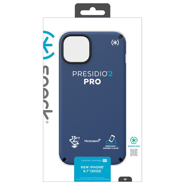 Speck Presidio2 Pro – dėklas, skirtas iPhone 15 Plus / 14 Plus su MICROBAN danga (Coastal Blue / Black / White)