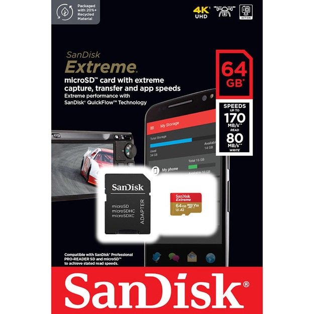 SanDisk Extreme microSDXC - Atminties kortelė 64 GB A2 V30 UHS-I U3 170/80 MB/s su adapteriu