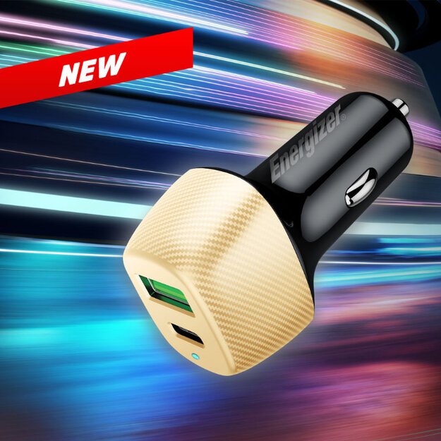 Energizer Ultimate – USB-C ir USB-A 38W PD + QC3.0 automobilinis įkroviklis (auksinis / juodas)