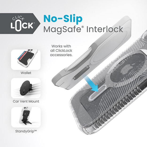 Speck Presidio Lux Grip ClickLock & Magsafe – dėklas, skirtas „iPhone 15“ / „iPhone 14“ / „iPhone 13“ (skaidrus / platininis blizgesys / chromo apdaila / ramus sidabras)