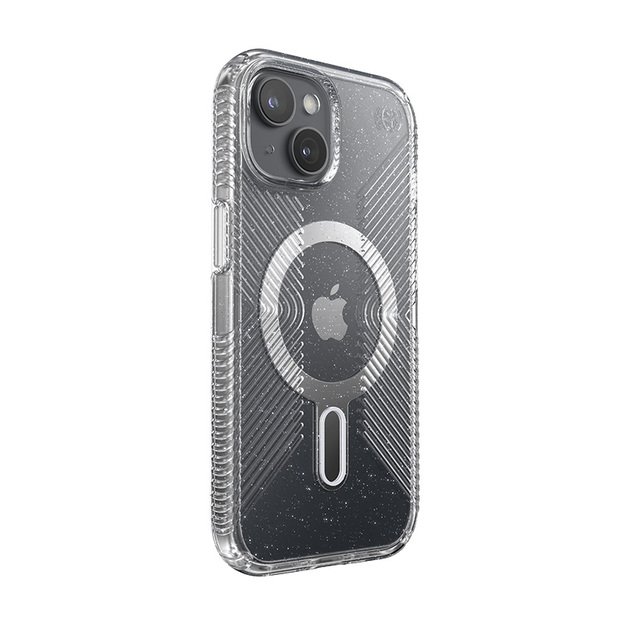 Speck Presidio Lux Grip ClickLock & Magsafe – dėklas, skirtas „iPhone 15“ / „iPhone 14“ / „iPhone 13“ (skaidrus / platininis blizgesys / chromo apdaila / ramus sidabras)