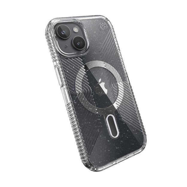 Speck Presidio Lux Grip ClickLock & Magsafe – dėklas, skirtas „iPhone 15“ / „iPhone 14“ / „iPhone 13“ (skaidrus / platininis blizgesys / chromo apdaila / ramus sidabras)