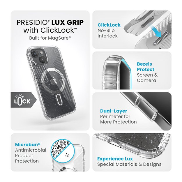 Speck Presidio Lux Grip ClickLock & Magsafe – dėklas, skirtas „iPhone 15“ / „iPhone 14“ / „iPhone 13“ (skaidrus / platininis blizgesys / chromo apdaila / ramus sidabras)