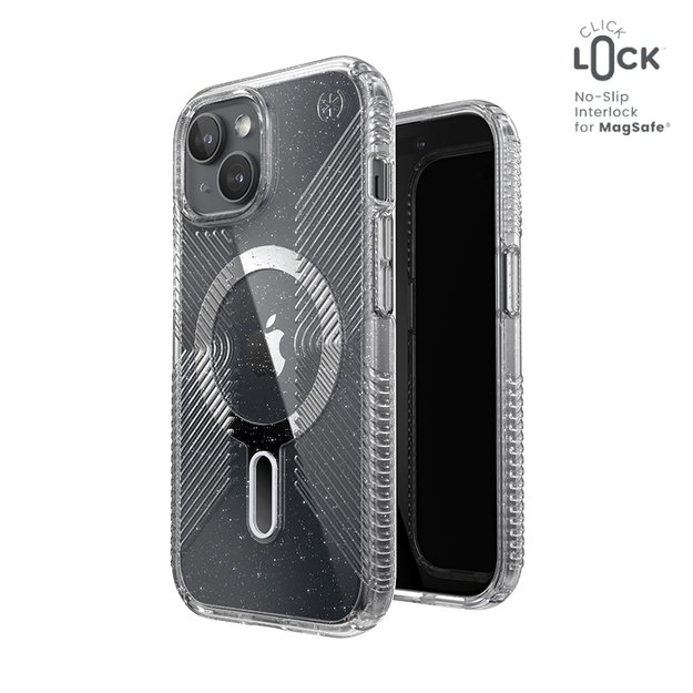 Speck Presidio Lux Grip ClickLock & Magsafe – dėklas, skirtas „iPhone 15“ / „iPhone 14“ / „iPhone 13“ (skaidrus / platininis blizgesys / chromo apdaila / ramus sidabras)