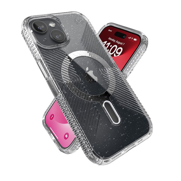 Speck Presidio Lux Grip ClickLock & Magsafe – dėklas, skirtas „iPhone 15“ / „iPhone 14“ / „iPhone 13“ (skaidrus / platininis blizgesys / chromo apdaila / ramus sidabras)