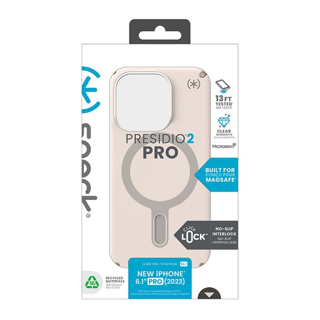 Speck Presidio2 Pro ClickLock & MagSafe – iPhone 15 Pro dėklas (balintas kaulas / „Heirloom Gold“ / Hazel Brown)