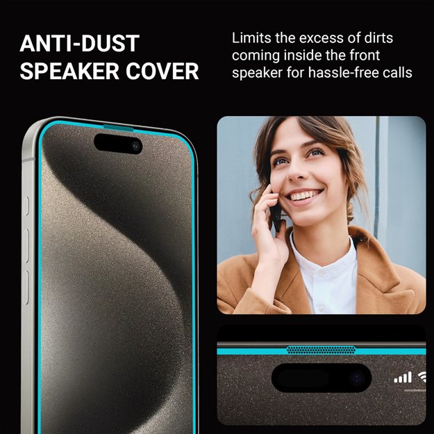 Crong antibakterinis 3D šarvų stiklas – 9H visiškai klijais grūdintas stiklas, skirtas iPhone 16 Plus / iPhone 15 Plus + montavimo rėmas