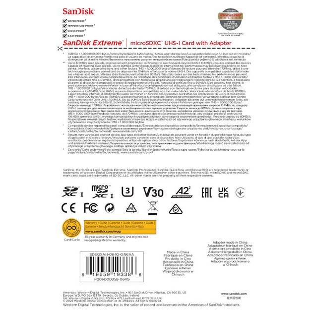 SanDisk Extreme microSDXC - Atminties kortelė 64 GB A2 V30 UHS-I U3 170/80 MB/s su adapteriu