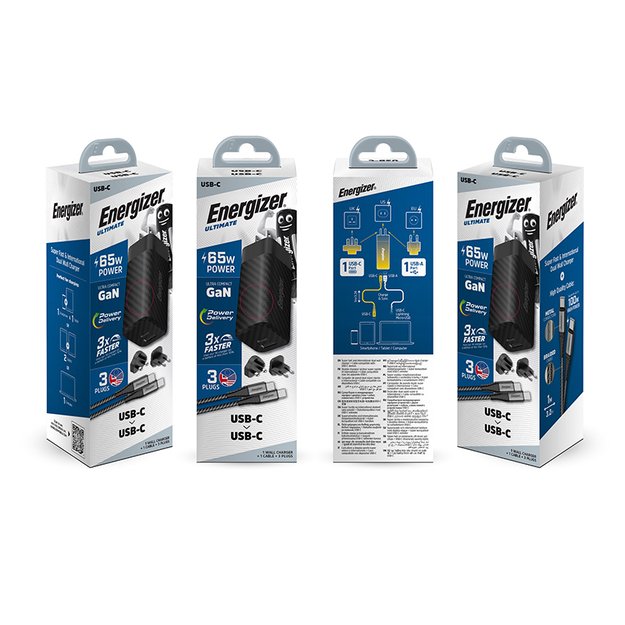 Energizer Ultimate – kelių kištukų ES / JK / JAV GaN USB-C ir USB-A 65 W PD maitinimo įkroviklis + USB-C laidas (juodas)