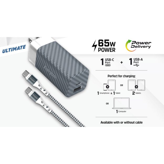 Energizer Ultimate – kelių kištukų ES / JK / JAV GaN USB-C ir USB-A 65 W PD maitinimo įkroviklis + USB-C laidas (juodas)