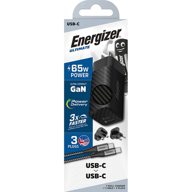 Energizer Ultimate – kelių kištukų ES / JK / JAV GaN USB-C ir USB-A 65 W PD maitinimo įkroviklis + USB-C laidas (juodas)