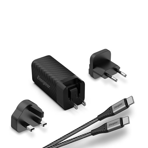 Energizer Ultimate – kelių kištukų ES / JK / JAV GaN USB-C ir USB-A 65 W PD maitinimo įkroviklis + USB-C laidas (juodas)