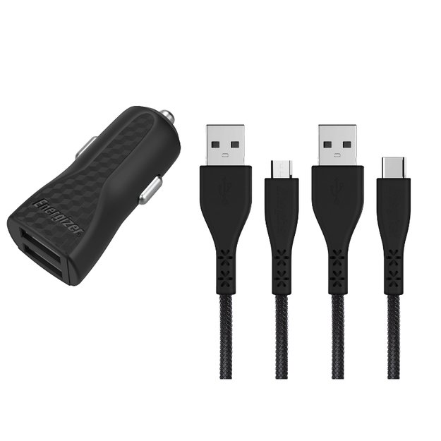 Energizer HardCase – automobilinis įkroviklis 2x USB-A 2.4A + USB-C ir mikro USB laidas (juodas)