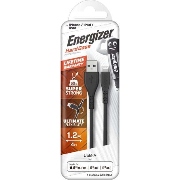 „Energizer HardCase“ – USB-A prie „Lightning“ jungiamasis kabelis, MFi sertifikuotas 1,2 m (juodas)