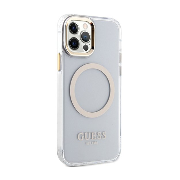 Guess Metal Outline MagSafe – dėklas, skirtas iPhone 12 / iPhone 12 Pro (skaidrus / auksinis)