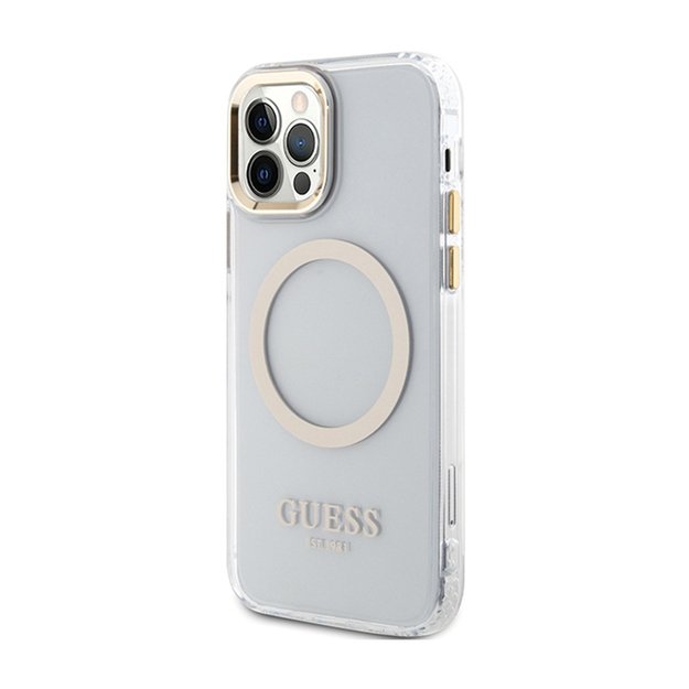 Guess Metal Outline MagSafe – dėklas, skirtas iPhone 12 / iPhone 12 Pro (skaidrus / auksinis)