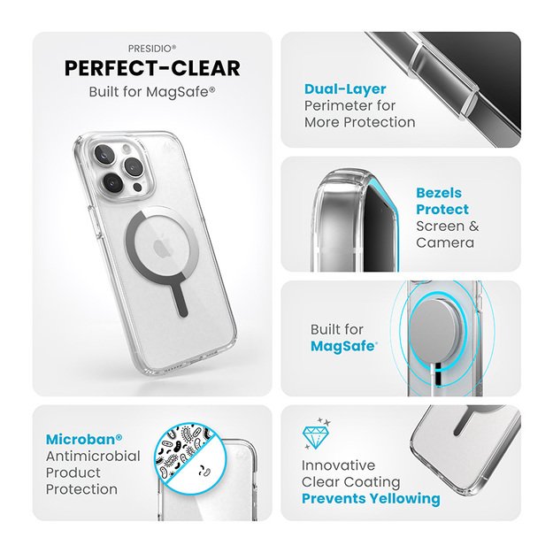 Speck Presidio Perfect-Clear MagSafe – dėklas, skirtas iPhone 15 Pro Max (skaidrus / chromo apdaila / ramus sidabras)