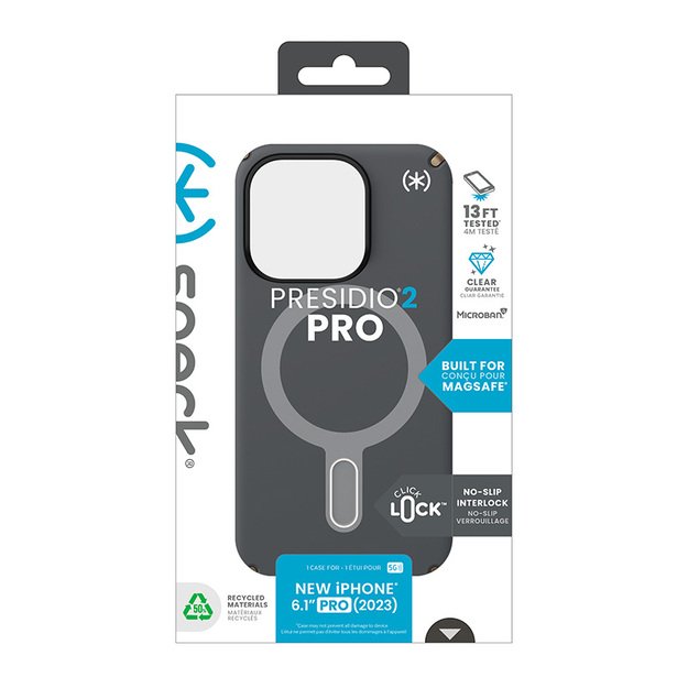 Speck Presidio2 Pro ClickLock & MagSafe – iPhone 15 Pro dėklas (anglies pilka / šalta bronzinė)