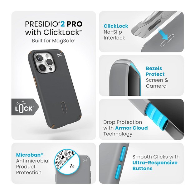 Speck Presidio2 Pro ClickLock & MagSafe – iPhone 15 Pro dėklas (anglies pilka / šalta bronzinė)