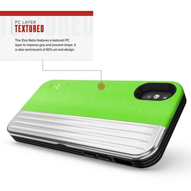 „Zizo Retro“ serija – piniginės nugarėlė su magnetiniu užsegimu ir įmontuotu stovu, skirta „iPhone Xs“ / X (neoninė žalia / sidabrinė)