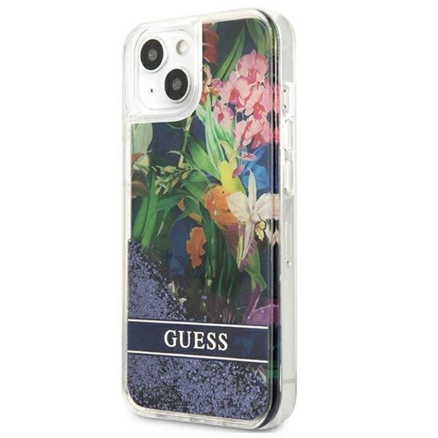 Guess Liquid Glitter Flower – iPhone 13 mini dangtelis (mėlynas)