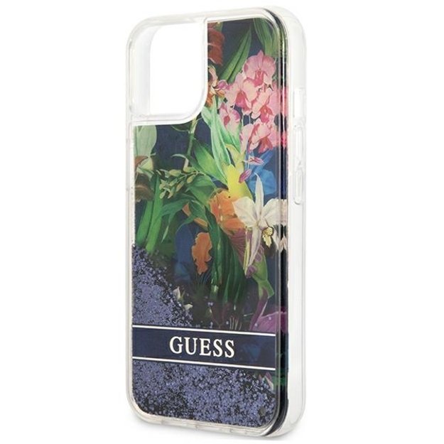 Guess Liquid Glitter Flower – iPhone 13 mini dangtelis (mėlynas)