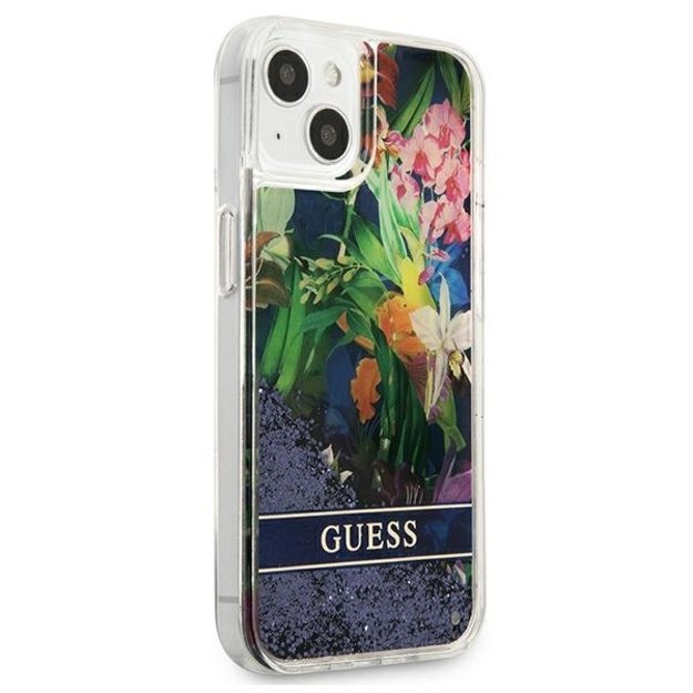 Guess Liquid Glitter Flower – iPhone 13 mini dangtelis (mėlynas)