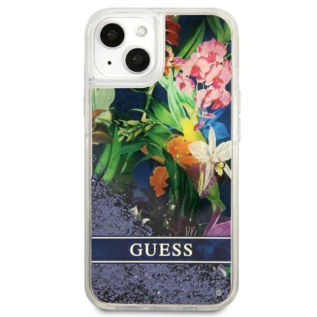 Guess Liquid Glitter Flower – iPhone 13 mini dangtelis (mėlynas)