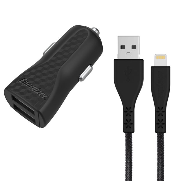 „Energizer HardCase“ – automobilinis įkroviklis 2x USB-A 17W 3.4A + MFi sertifikuotas „Lightning“ laidas (juodas)