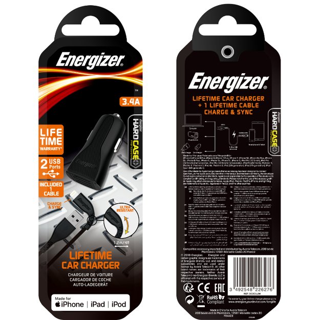 „Energizer HardCase“ – automobilinis įkroviklis 2x USB-A 17W 3.4A + MFi sertifikuotas „Lightning“ laidas (juodas)