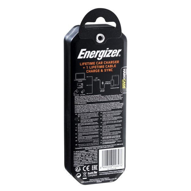 „Energizer HardCase“ – automobilinis įkroviklis 2x USB-A 17W 3.4A + MFi sertifikuotas „Lightning“ laidas (juodas)