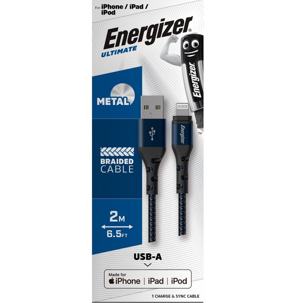 Energizer Ultimate – USB-A ir Lightning jungiamasis laidas, MFi sertifikuotas 2m (mėlynas)