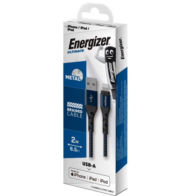 Energizer Ultimate – USB-A ir Lightning jungiamasis laidas, MFi sertifikuotas 2m (mėlynas)