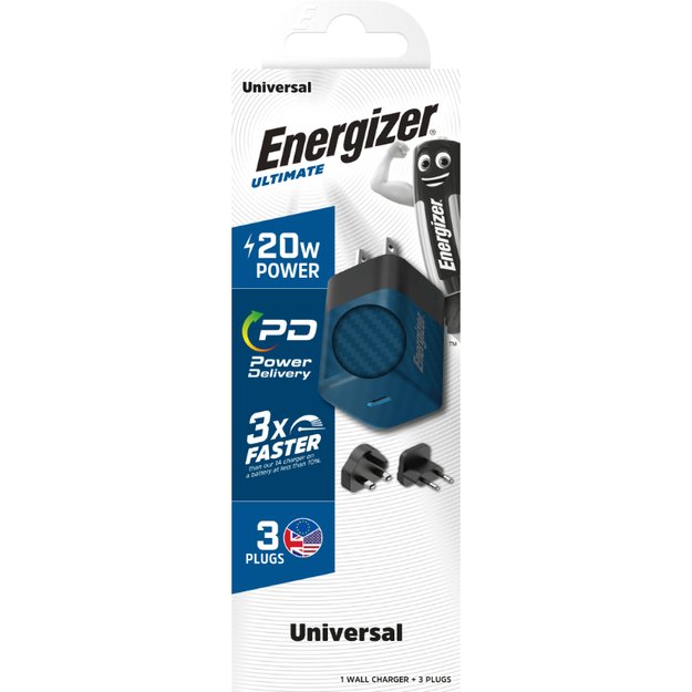 Energizer Ultimate – kelių kištukų ES / JK / JAV GaN 20 W PD tinklo įkroviklis (mėlynas)