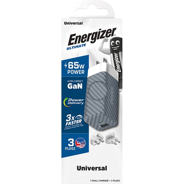 Energizer Ultimate – kelių kištukų ES / JK / JAV GaN USB-C ir USB-A 65 W PD tinklo įkroviklis (sidabras)