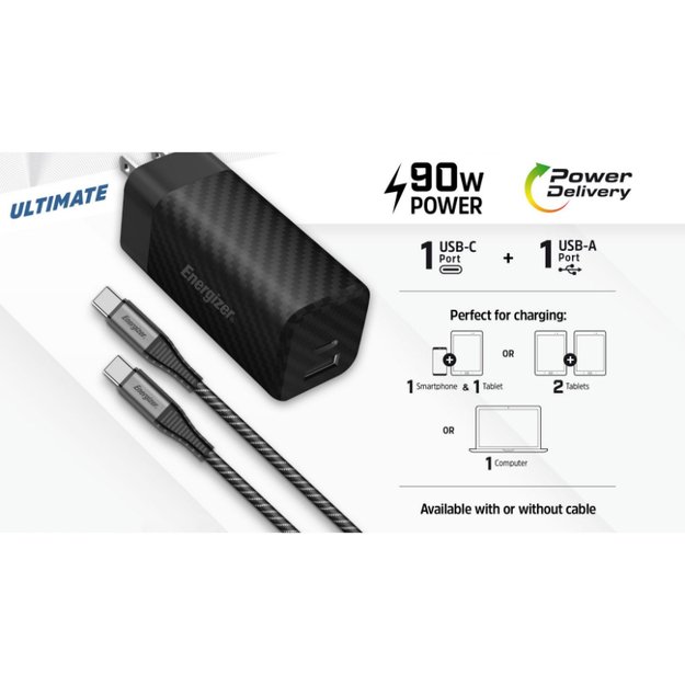 Energizer Ultimate – kelių kištukų ES / JK / JAV GaN USB-C ir USB-A 90 W PD maitinimo įkroviklis + USB-C laidas (juodas)