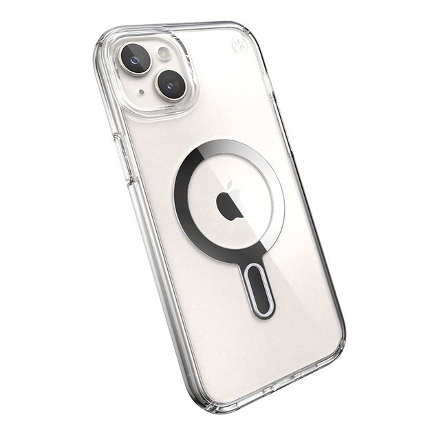 Speck Presidio Perfect-Clear ClickLock & Magsafe – dėklas, skirtas iPhone 15 Plus / iPhone 14 Plus (skaidrus / chromo apdaila / ramus sidabras)