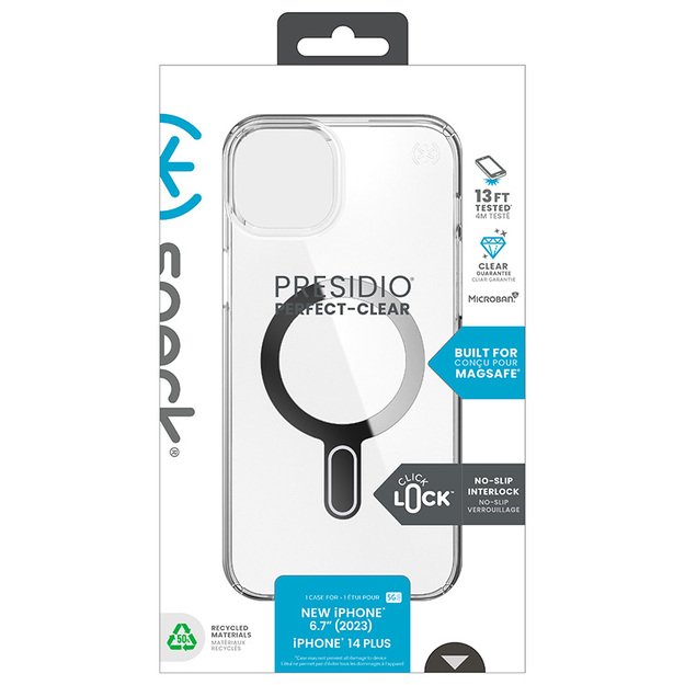 Speck Presidio Perfect-Clear ClickLock & Magsafe – dėklas, skirtas iPhone 15 Plus / iPhone 14 Plus (skaidrus / chromo apdaila / ramus sidabras)