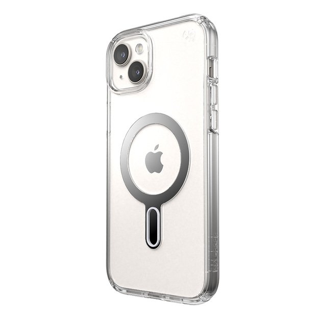 Speck Presidio Perfect-Clear ClickLock & Magsafe – dėklas, skirtas iPhone 15 Plus / iPhone 14 Plus (skaidrus / chromo apdaila / ramus sidabras)