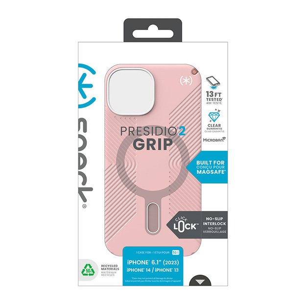 Speck Presidio2 Grip ClickLock & MagSafe – dėklas, skirtas iPhone 15 / iPhone 14 / iPhone 13 (Dahlia Pink / Rose Copper)