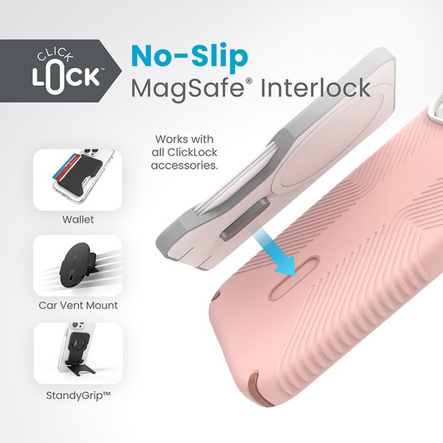 Speck Presidio2 Grip ClickLock & MagSafe – dėklas, skirtas iPhone 15 / iPhone 14 / iPhone 13 (Dahlia Pink / Rose Copper)