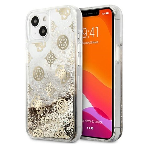 Guess Peony Liquid Glitter – dėklas, skirtas iPhone 13 mini (auksinis)