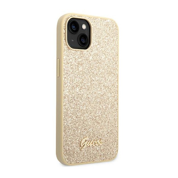 Guess Glitter Flakes metalinis logotipo dėklas – dėklas, skirtas iPhone 14 Plus (auksinis)