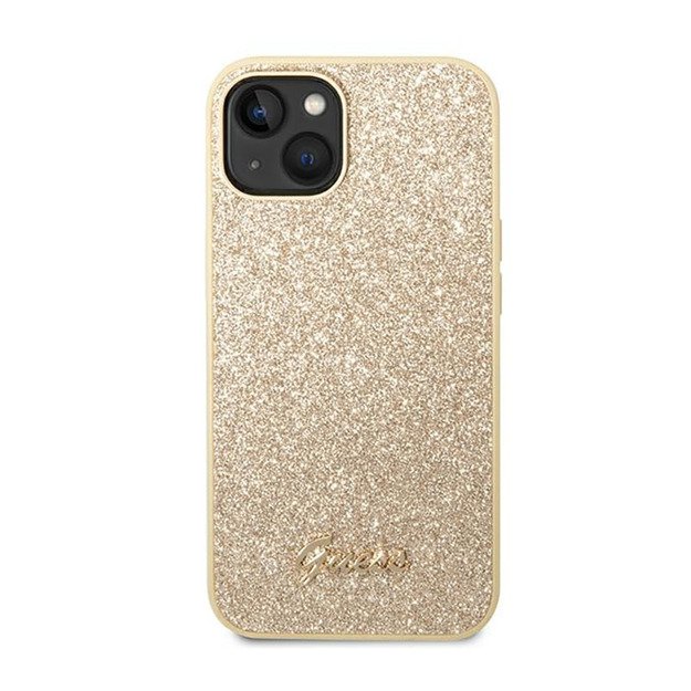 Guess Glitter Flakes metalinis logotipo dėklas – dėklas, skirtas iPhone 14 Plus (auksinis)