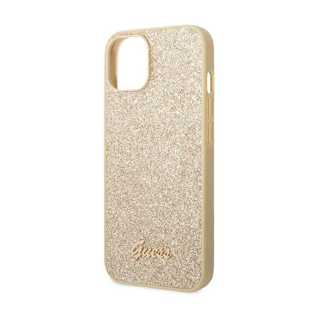 Guess Glitter Flakes metalinis logotipo dėklas – dėklas, skirtas iPhone 14 Plus (auksinis)