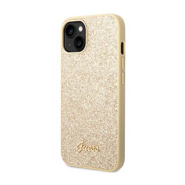 Guess Glitter Flakes metalinis logotipo dėklas – dėklas, skirtas iPhone 14 Plus (auksinis)