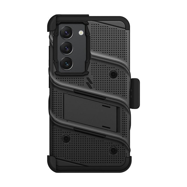 ZIZO BOLT serija - Šarvuotas Samsung Galaxy S23 dėklas su 9H stiklu ekranui + laikiklis su stovu (juodas) 5
